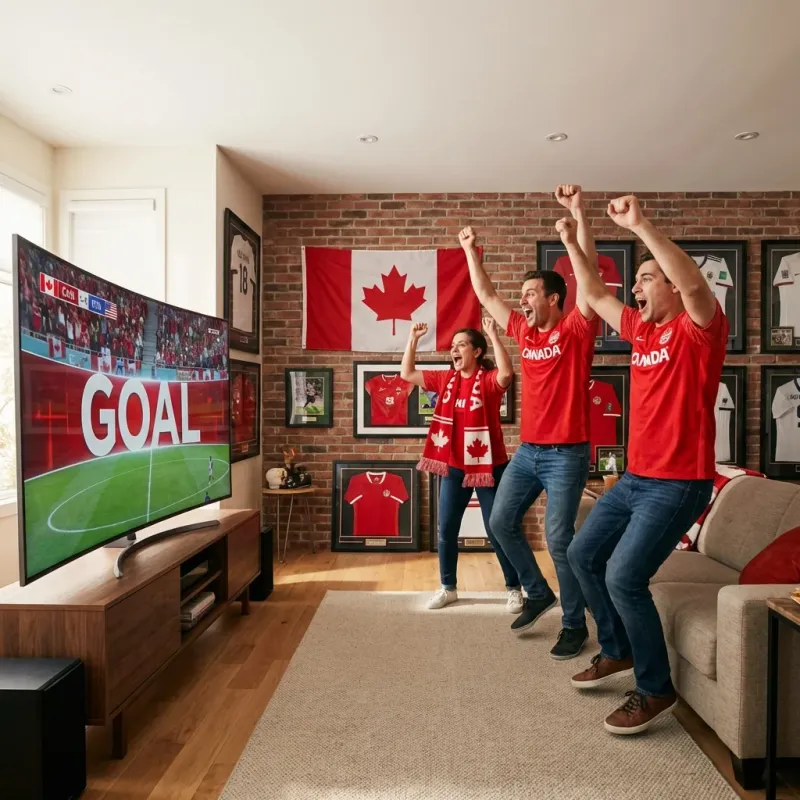Canadian fans cheering for a goal on TV